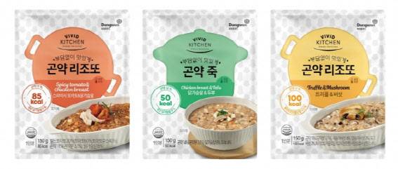 ▲비비드키친 ‘곤약 HMR’ 3종. 완쪽부터 곤약죽 닭가슴살&두부, 곤약리조또 스파이시 토마토&닭가슴살, 곤약리조또 트러플&버섯 제품.(사진=동원홈푸드)