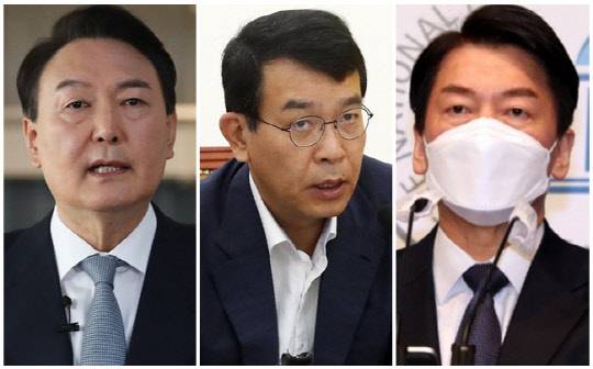 윤석열(왼쪽) 국민의힘 대선 후보, 김종대(가운데) 정의당 전 의원, 안철수 국민의당 대선 후보. <연합뉴스>
