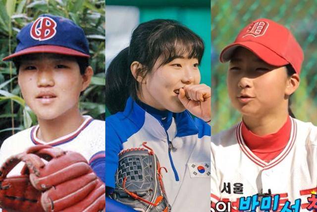 한국엔 야구 선수가 직업인 여성이 없다. 하지만 그 길을 개척하려는 노력이 있었고, 누군가는 지금도 현실의 벽을 두드리고 있다. 최초의 여성 고교야구 선수 안향미(왼쪽), 최초의 여성 대학야구 선수 김라경(가운데), 아시아인 최초로 미국 경기에 초대된 박민서가 그 주인공이다. 한국일보 자료사진·김라경 인스타그램·유튜브 캡처