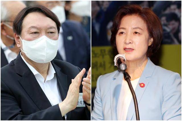 윤석열(왼쪽) 국민의힘 대선 후보와 추미애 전 법무부 장관. 국회사진기자단·뉴시스