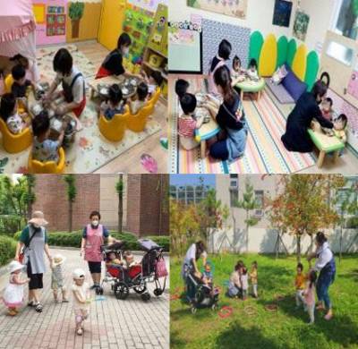 서울시가 2021년 국공립 어린이집을 대상으로 보육교사 신규채용 인건비 지원 시범 사업을 실시하기 전(왼쪽) ‘0세반’ 6명의 급식시간(위), 바깥놀이 풍경(아래)과 이후 모습(오른쪽). | 서울시 제공