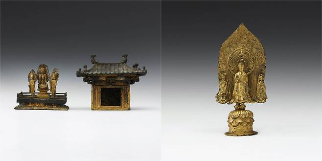 간송미술관이 국보 2점을  K옥션 경매에 내놓았다. 국보가 경매에 나온 것은 처음이다. 왼쪽부터 경매에 나온 고려시대 ‘금동삼존불감’과 삼국시대의 ‘계미명금동삼존불입상’이다.     K옥션 제공
