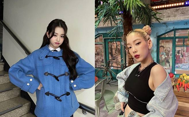 아이돌그룹 아이브의 멤버 장원영(왼쪽)과 가수 태연(오른쪽)의 모습. 이들 모두 Y2K 패션이 드러나는 떡볶이코트(더플코트)와 데님자켓을 입고 있다./사진= 장원영, 태연 인스타그램
