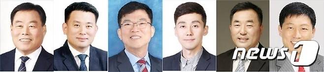 무안군수 후보들. 왼쪽부터 김산 현 군수, 김대현 무안군의장. 이정운 군의원, 강병국 군의원, 최옥수 전 무안군산립조합장, 정영덕 전 전남도의원/뉴스1