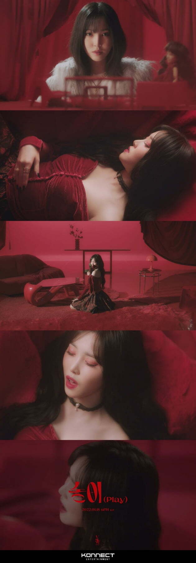 The solo debut of group GFriend Yuju (YUJU) is one day away.Connect Entertainment released a music video teaser for Play on its official SNS at 0:00 on the 17th.The intense red-dominated images amplify the mystery: the dolls that appear at the same time as they begin, the wandering that looks at them, and the wandering that closes their eyes cross.The scenes that flow like a profound symbol are raising expectations for the main part.The music is also intense, with the magnificent string sound showing the strong suction power of the late-earth notes, especially the high-pitched, temperate, high-pitched sounds that double the sad sensibility.The title song Play of Yujus first solo album REC. is a medium tempo emotional pop track.Yuju wrote and composed directly, and through the global song camp, many famous musicians from overseas participated in the program to enhance the perfection.