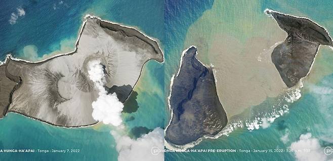 민간위성업체 플래닛 랩스가 촬영한 통가 화산의 모습. 사진 왼쪽은 지난 7일 촬영됐으며 오른쪽은 15일 화산 분화 2시간 전의 모습