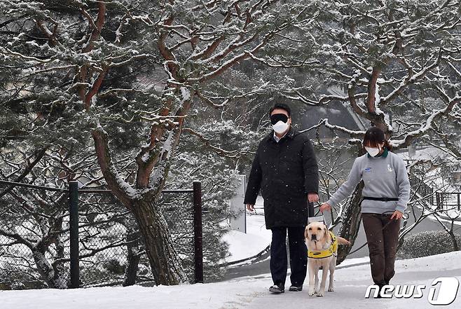 윤석열 국민의힘 대선 후보가 19일 오후 경기도 용인시 처인구 삼성화재 안내견학교를 방문해 장애인 관련 정책공약 발표에 앞서 안내견 체험을 하고 있다. 2022.1.19/뉴스1 © News1 국회사진취재단