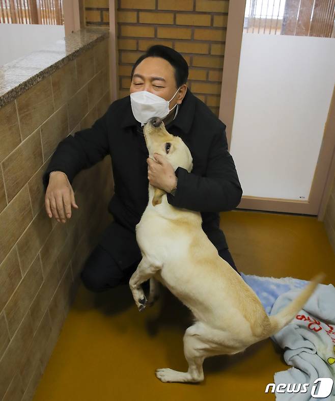 19일 윤석열 국민의힘 대선 후보가 19일 오후 경기도 용인시 처인구 삼성화재 안내견학교를 방문해 장애인 관련 정책공약 발표에 앞서 안내견과 포옹하고 있다. 2022.1.19/뉴스1 © News1 국회사진취재단