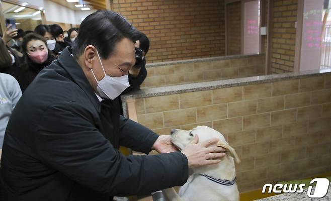 19일 윤석열 국민의힘 대선 후보가 19일 오후 경기도 용인시 처인구 삼성화재 안내견학교를 방문해 장애인 관련 정책공약 발표에 앞서 안내견과 인사하고 있다. 2022.1.19/뉴스1 © News1 국회사진취재단