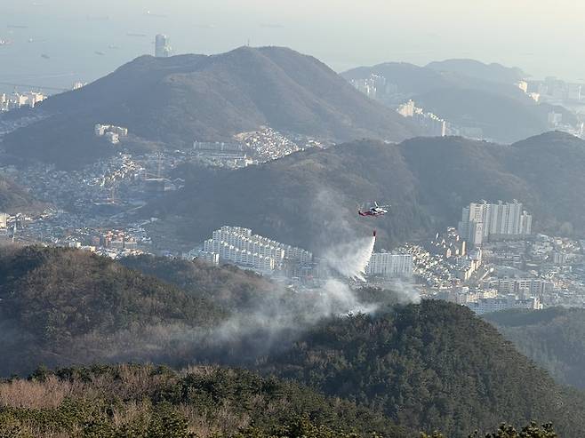 19일 오후 2시 55분쯤 부산 서구 시약산(510m) 정상부근에서 불이 나자 소방헬기가 산불을 진압하고 있다. 부산소방재난본부 제공