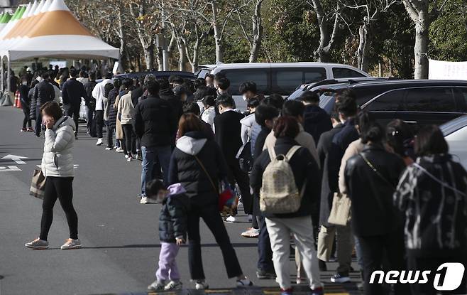 신종 코로나바이러스 감염증(코로나19) 일일 신규 확진자 수가 처음으로 7000명을 넘어선 지난해 12월8일 울산 중구 종합운동장에 마련된 임시 선별검사소에서 시민들이 검사를 받기 위해 줄지어 서 있다. 2021.12.8/뉴스1 © News1 윤일지 기자