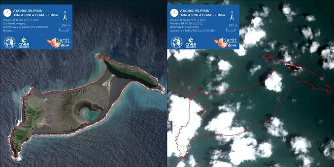 왼쪽은 2020년 8월 통가 화산이 폭발하기 전, 오른쪽은 화산이 폭발한 다음날인 이달 16일에 촬영된 위성사진. EU지구관측 프로그램 코페르니쿠스 센티널-2 위성 촬영. 프랑스국립우주센터(CNES) 제공