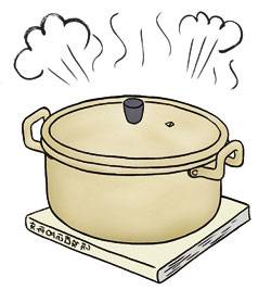 <자취요리 대작전>의 뒤표지 삽화. “이 책은 냄비 받침으로도 쓸 수 있습니다”라고 쓰여 있다.