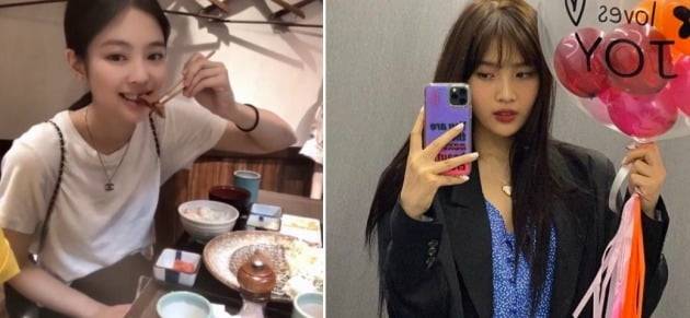 (왼쪽부터) 아이돌 그룹 블랙핑크 제니와 레드벨벳 조이. 샤넬 로고로 만들어진 목걸이를 착용한 모습이 3040 여성들의 관심을 끌었다. /SNS 캡처