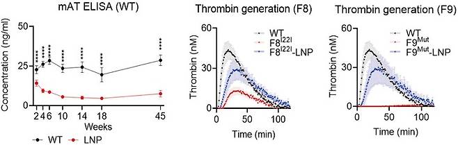 LNP-유전자가위에 의한 혈중 안티트롬빈의 장기적인 조절 효과(왼쪽) 및 혈우병 모델(A형-가운데; B형-오른쪽)에서의 트롬빈 형성 개선 효과(사진=툴젠 제공) *재판매 및 DB 금지