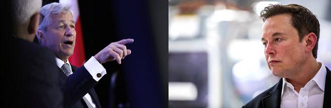 제이미 다이먼(왼쪽) JP모건 CEO와 일론 머스크(오른쪽) 테슬라 CEO.(사진= AFP)