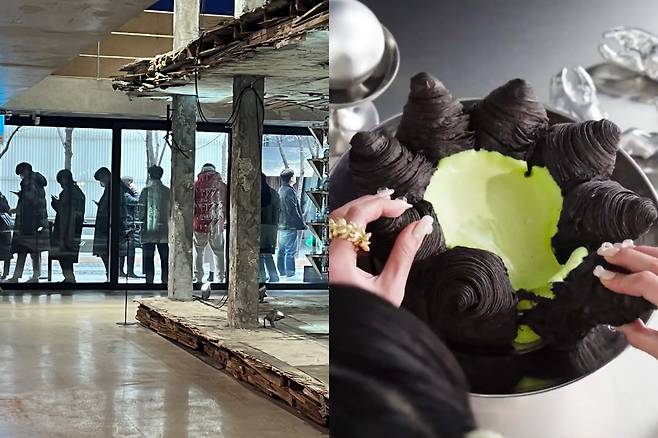 지난해 12월 23~25일 크리스마스 한정판 피크 케이크를 구입하기 위해 서울 도산공원 근처 누데이크 매장 앞에 줄을 선 사람들(왼쪽). 오른쪽은 '찢어먹는 케이크'로 유명한 누데이크의 대표 상품이다. /조선일보DB·누데이크