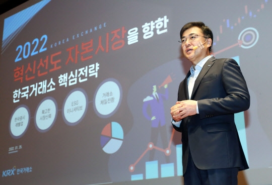 손병두 한국거래소 이사장이 신년 기자간담회에서 혁신선도 자본시장을 향한 핵심전략을 발표하고 있다. 한국거래소 제공