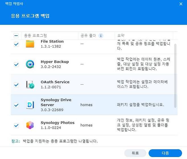 파일 뿐 아니라 NAS에 설치된 소프트웨어의 백업도 가능