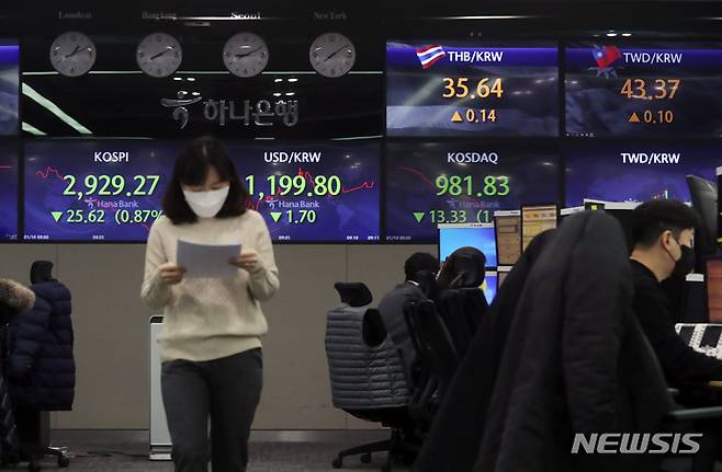 [서울=뉴시스] 고승민 기자 = 서울 중구 하나은행 딜링룸에서 딜러들이 업무를 보고 있다. 2022.01.10. kkssmm99@newsis.com