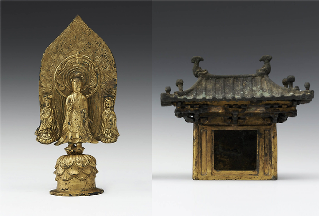 (왼) 국보 제 72호 금동 계미명 삼존불입상, (오) 국보 제73호 금동삼존불감 일부 / 사진 = 케이옥션 제공