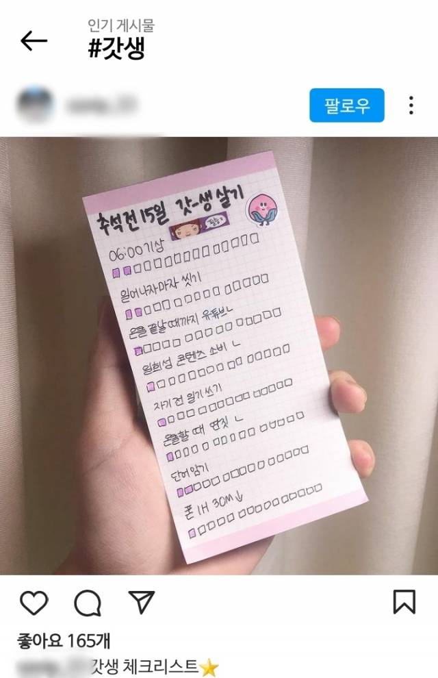 '갓생'을 해시태그 검색하면 등장하는 인기게시물. 인스타그램 캡처