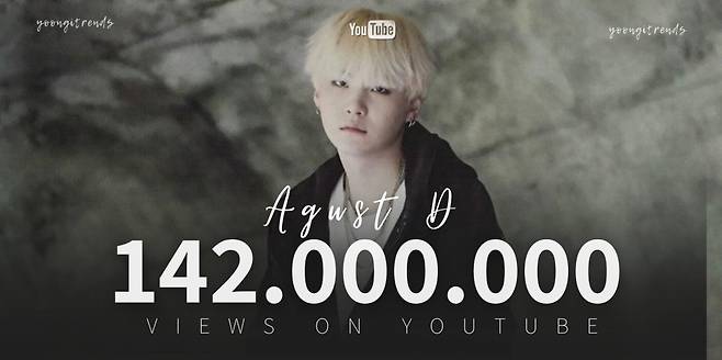 방탄소년단 슈가 어거스트디 'Agust D' MV 1억 4200만뷰..빛나는 인기