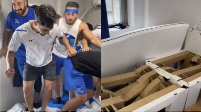 이스라엘 야구 대표팀 선수 벤 웽거가 2020년 자신의 틱톡에 올린 영상 중 한 장면. 9명이 뛴 이후 침대는 크게 손상됐다. [SNS 캡처]
