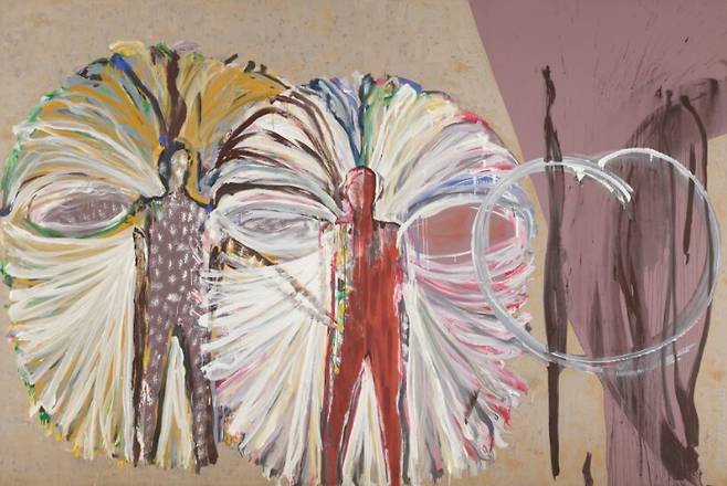 이건용의 '신체 드로잉 76-2-95-03(천사들)'. 대표적인 국내 아방가르드(전위) 예술가인 이건용은 캔버스를 등지거나 옆에 놓고 팔을 뻗어 신체의 궤적을 화면 위에 남겼다. /국립현대미술관