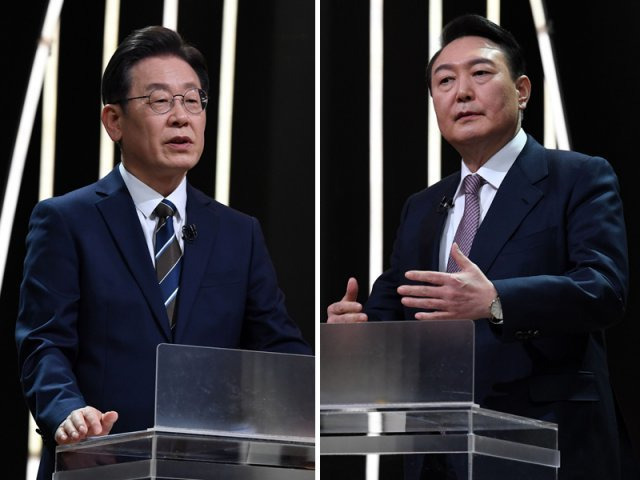 지상파 방송3사 공동주최로 열린 3·9대선 첫 TV토론에서 이재명 더불어민주당 대선후보와 윤석열 국민의힘 대선후보가 공방을 벌이고 있다. 사진공동취재단