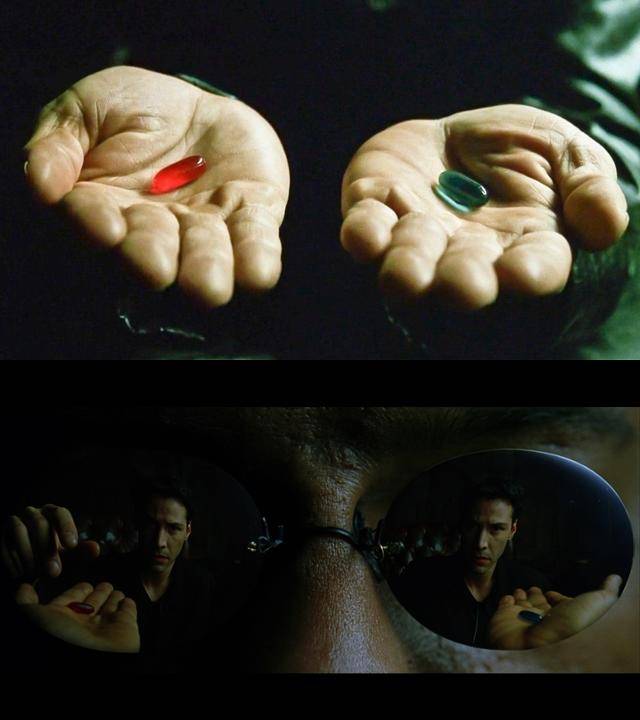 영화 '매트릭스'에서 '빨간약(red pill)'이 등장하는 장면. 이후 빨간약은 진실을 각성하게 하는 경험을 은유하는 상징이 됐다. 구글·다음영화 캡처