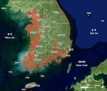 극한기후 속 해수면 39ｍ 상승하면 사라지는 곳 [한국해양공단 해수면상승 시뮬레이터 캡처]