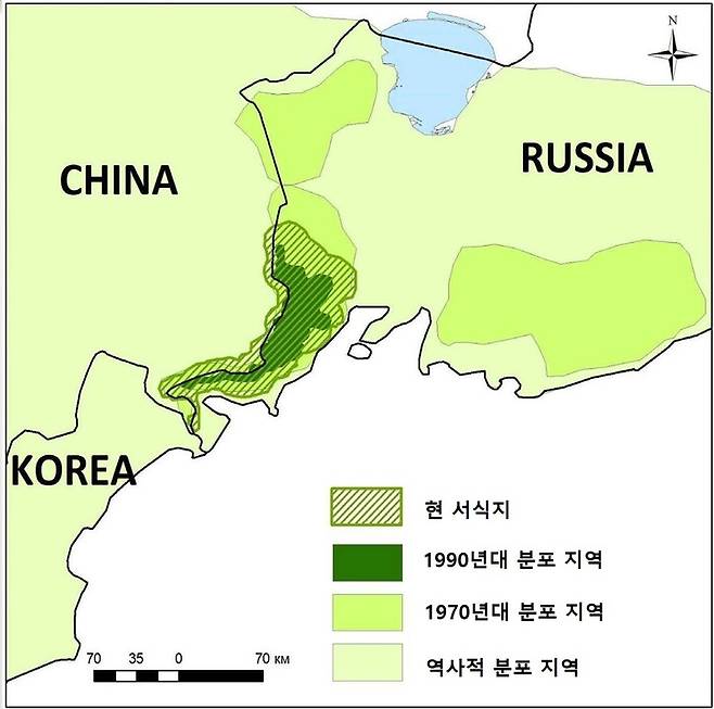 한국표범 분포 지역의 변천. 임정은 박사 제공.