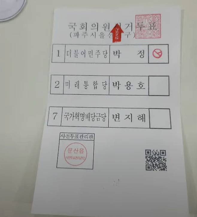 투표용지 좌우상하 여백이 비대칭인데다가 상단에 붉은색 화살표가 인쇄돼 있다. 가세연은 투표용지 크기는 선거법에 명확히 명시되어 있으므로 규정이 맞지는 않는 것은 무효가 되어야 하는데도 유효표로 집계됐다고 주장했다.[가세연]