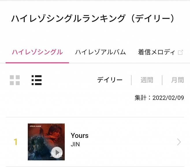 방탄소년단 진 'Yours', 온쿄뮤직·모라재팬→레코초쿠 1위..Japan is Yours