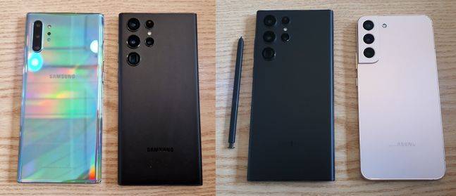 사진 왼쪽부터 삼성전자 스마트폰 ‘갤럭시노트10+’, ‘갤럭시S22 울트라’, ‘갤럭시S22 플러스’.ⓒ데일리안 김은경 기자