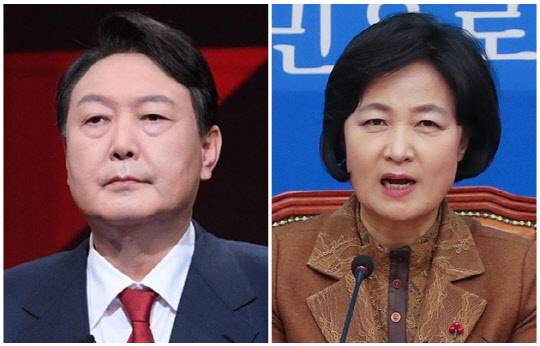 윤석열(왼쪽) 국민의힘 대선 후보와 추미애 전 법무부 장관. <국회사진기자단, 연합뉴스>