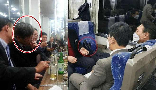 이재명 더불어민주당 대선 후보가 과거 음식점에서 담배를 피우고 있는 모습, 윤석열 국민의힘 대선 후보가 열차 의자 위에 구두를 신은 채 발을 올려 놓은 모습/김웅 국민의힘 의원 페이스북, 이상일 상근보좌역 페이스북