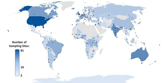 영국 요크대 등 국제 연구팀이 조사한 지점. 대한민국 서울 한강을 포함해 세계 104개국 강물을 대상으로 조사했고, 국가별로는 최소 2개 지점에서 최대 81개 지점까지 조사했다. [PNAS, 2022]