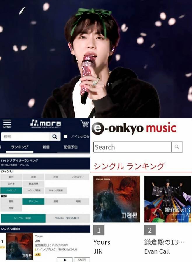 방탄소년단 진 'Yours' 日레코초쿠 주간 1위·온쿄 10일째 1위..열도 물들인 은빛 보컬