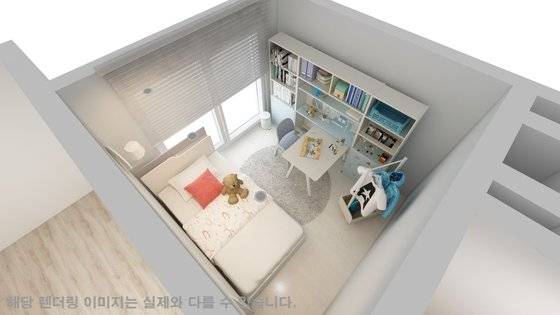 보통 자녀방은 크기가 작은 데다 휴식, 놀이, 학습이 동시에 이루어지기 때문에 여느 가구보다 집약적이고 기능적으로 설계된다. 가구를 고른 뒤 3D로 랜더링해 가상 배치한 모습. [사진 한샘]