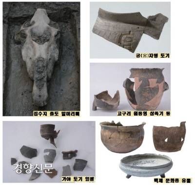 몽촌토성 북문지 발굴에서 출토된 다양한 유물들. 특히 제사에 쓰인 것으로 보이는 말머리뼈가 나왔다. 주변국과의 교류가 있었음을 알리는 가야토기들도 보였다.|한성백제박물관 제공