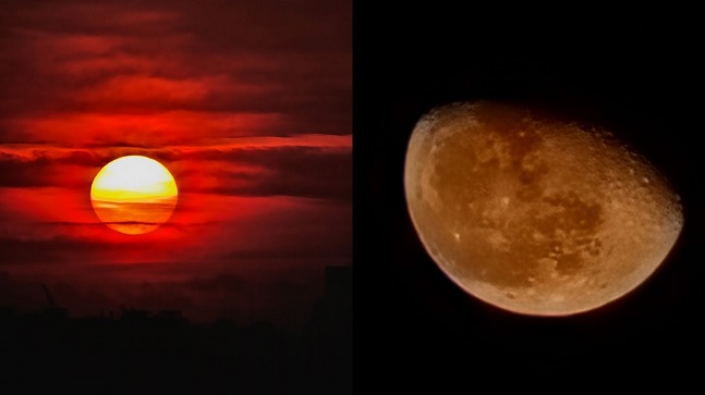 갤럭시S22 울트라로 촬영한 해와 달. 왼쪽은 30배 줌, 오른쪽은 100배 줌으로 촬영했다. /사진=백유진 기자 byj@
