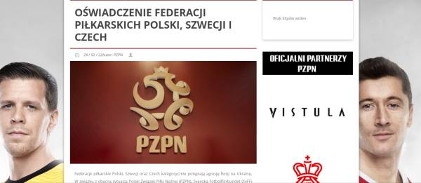 폴란드와 스웨덴, 체코축구협회가 러시아에서 FIFA 월드컵 유럽지역 예선 플레이오프 경기가 열려서는 안 된다는 공동성명을 발표했다. 사진|폴란드축구협회 홈페이지 캡처