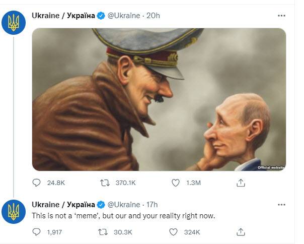 지난 24일(현지시간) 우크라이나 공식 트위터 계정에는 독일의 독재자 아돌프 히틀러가 푸틴 대통령의 뺨을 어루만지고 있는 모습의 만평이 올라왔다. /우크라이나 공식 트위터 계정 캡처