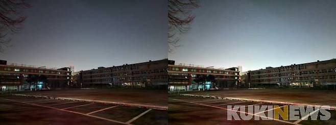 28일 새벽 2시 반에 집 앞 학교를 찍은 풍경입니다. 왼쪽은 갤럭시 S22 울트라 야간모드 사진이고 오른쪽은 리마스터를 거친 사진(오른쪽). 송금종 기자 
