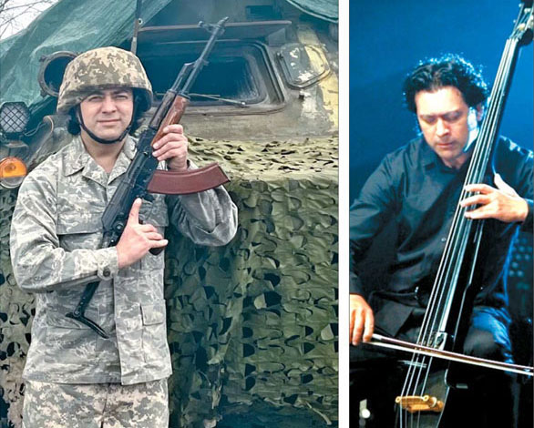 20년간 서울팝스오케스트라에서 콘트라베이스를 연주해온 우크라이나인 주친 드미트로(47)가 러시아군 침략에 맞서기 위해 고국으로 떠났다. 그리고 지난 1일 전쟁터에서 악기 대신 총을 들고 있는 사진을 찍어 한국 동료들에게 보냈다. 오른쪽 사진은 드미트로가 서울에서 연주하는 모습.  [사진 제공 = 서울팝스오케스트라]