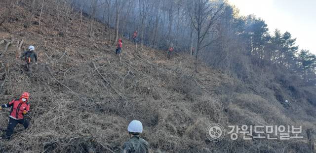 ▲ 삼척산불이 이틀째 확산중인 가운데, 5일 오후까지 원덕읍 산양리와 사곡리 일원 산림 주불을 잡지 못해 밤 사이 추가 확산 우려가 고조되고 있다. 원덕읍 산양리 마을 인근까지 산불이 번지면서 소방인력들이 방어선을 구축하고 있다.