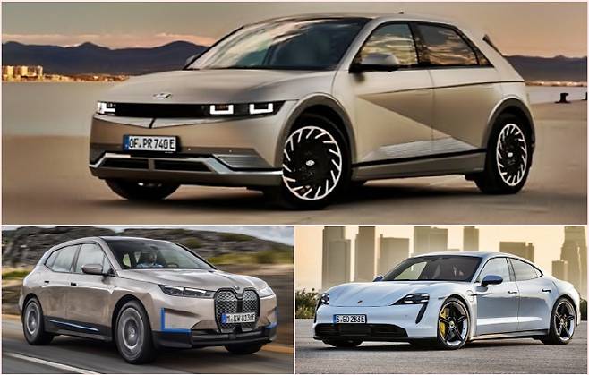 현대차 아이오닉5가 BMW iX, 포르쉐 타이칸 등을 제치고 영국에서 `올해의 차`로 선정됐다. [사진 출처 = 현대차, BMW, 포르쉐]