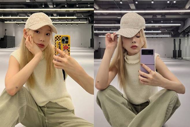 애플 ‘아이폰13’으로 촬영한 셀카(왼쪽)와 삼성전자 ‘갤럭시Z 플립3’으로 촬영한 셀카 [태연 인스타그램]